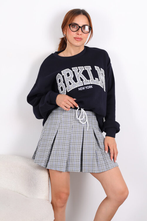 Ekose Desenli Beli Bağcıklı Pileli Mini Gri Kadın Etek - 4