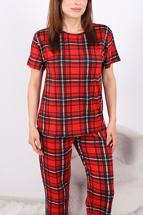 Ekose Desenli Bisiklet Yaka Kırmızı Kadın Pijama Takımı - Berox (1)
