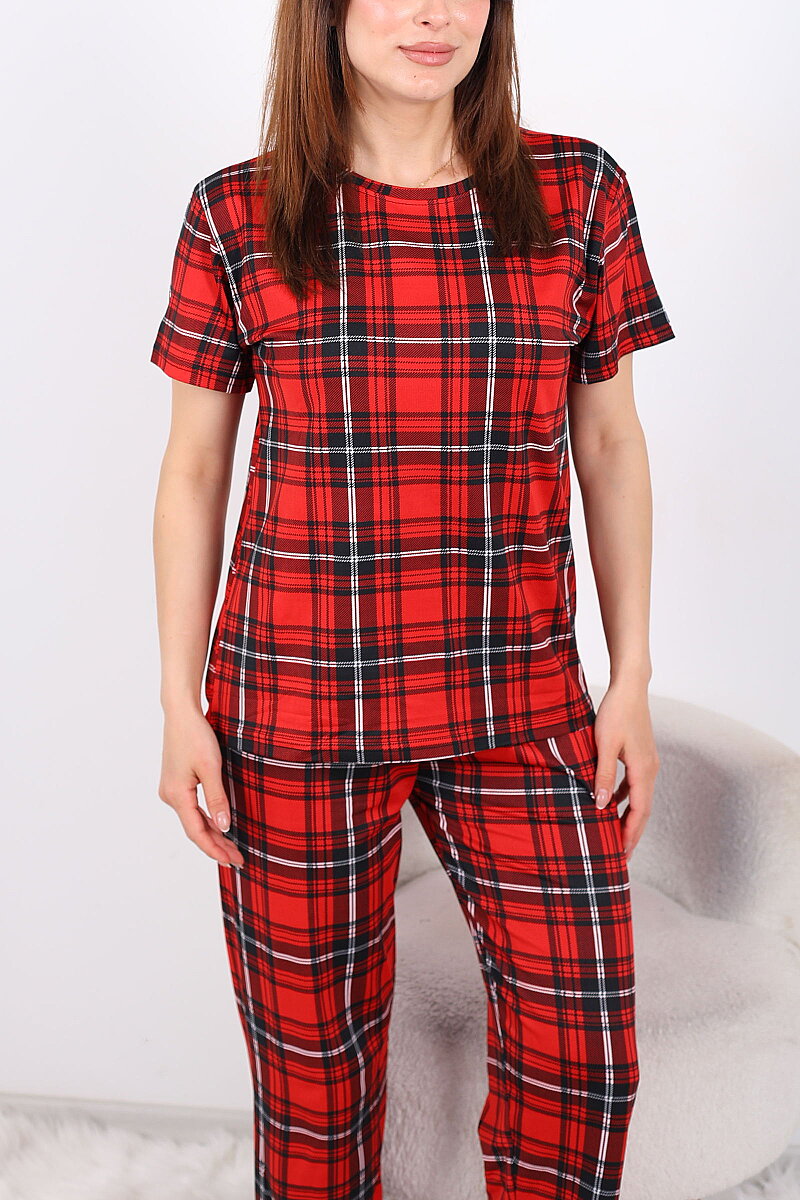 Ekose Desenli Bisiklet Yaka Kırmızı Kadın Pijama Takımı - 2