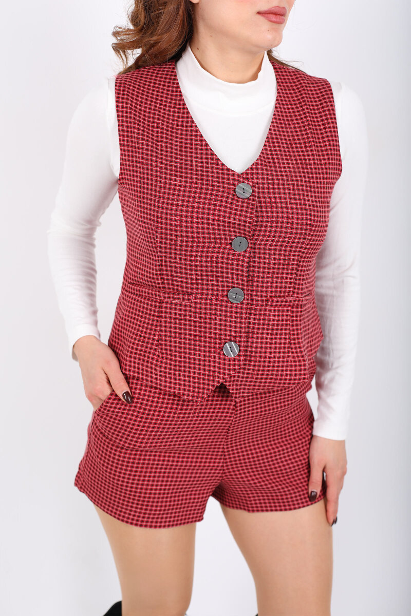 Ekose Desenli Bordo Kadın Kolsuz Yelek - 2