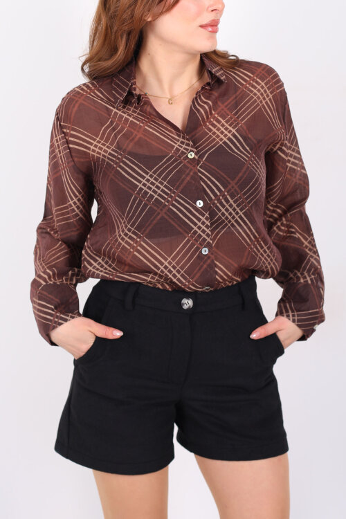 Ekose Desenli Kadın Kahverengi Transparan Gömlek - Berox (1)