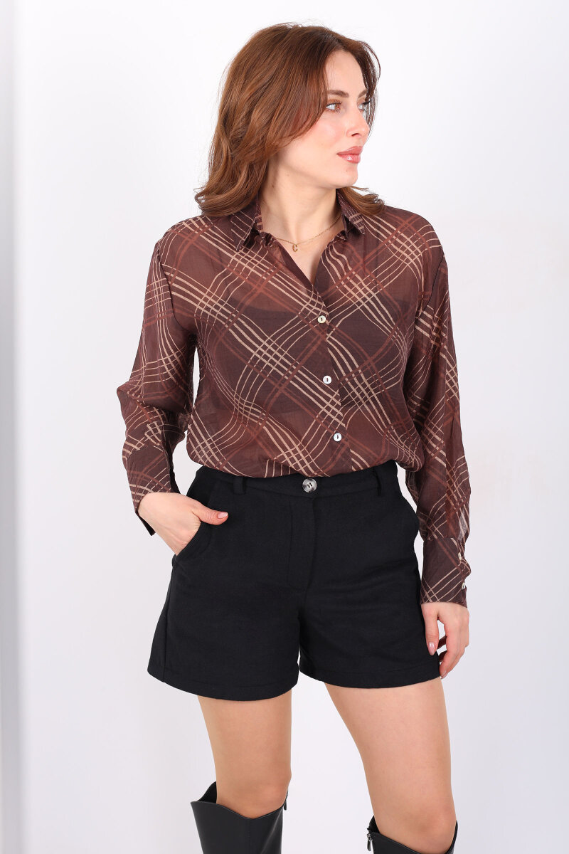 Ekose Desenli Kadın Kahverengi Transparan Gömlek - 4