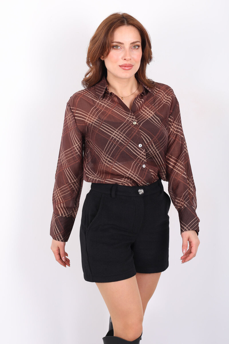 Ekose Desenli Kadın Kahverengi Transparan Gömlek - 6