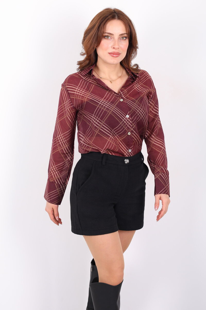 Ekose Desenli Kadın Mürdüm Transparan Gömlek - 6