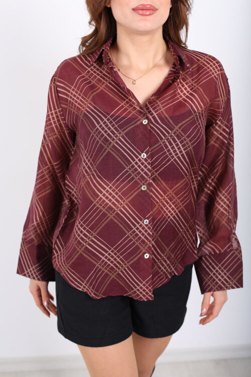 Ekose Desenli Kadın Mürdüm Transparan Gömlek - Berox (1)