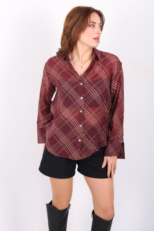 Ekose Desenli Kadın Mürdüm Transparan Gömlek - 4