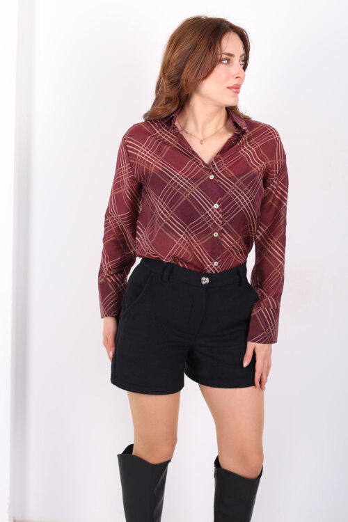 Ekose Desenli Kadın Mürdüm Transparan Gömlek - 7