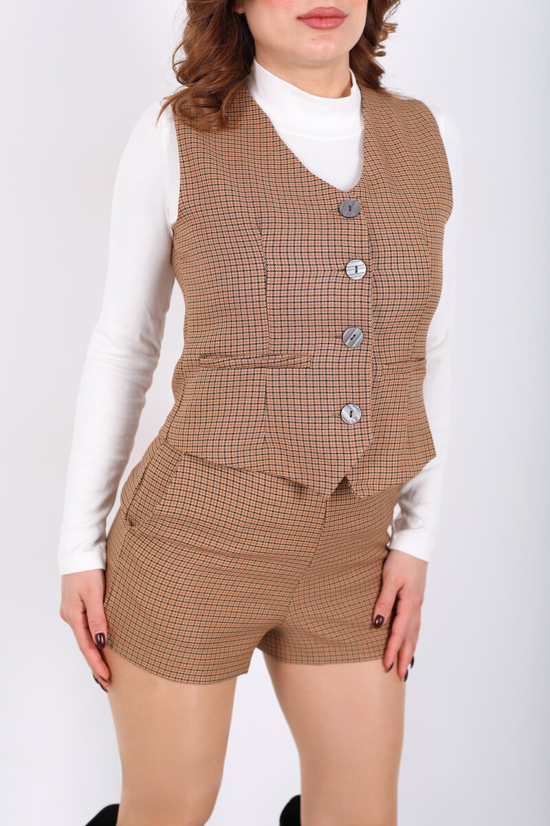 Ekose Desenli Taba Kadın Kolsuz Yelek - 2