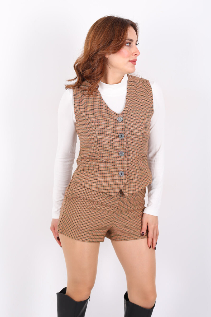 Ekose Desenli Taba Kadın Kolsuz Yelek - 4