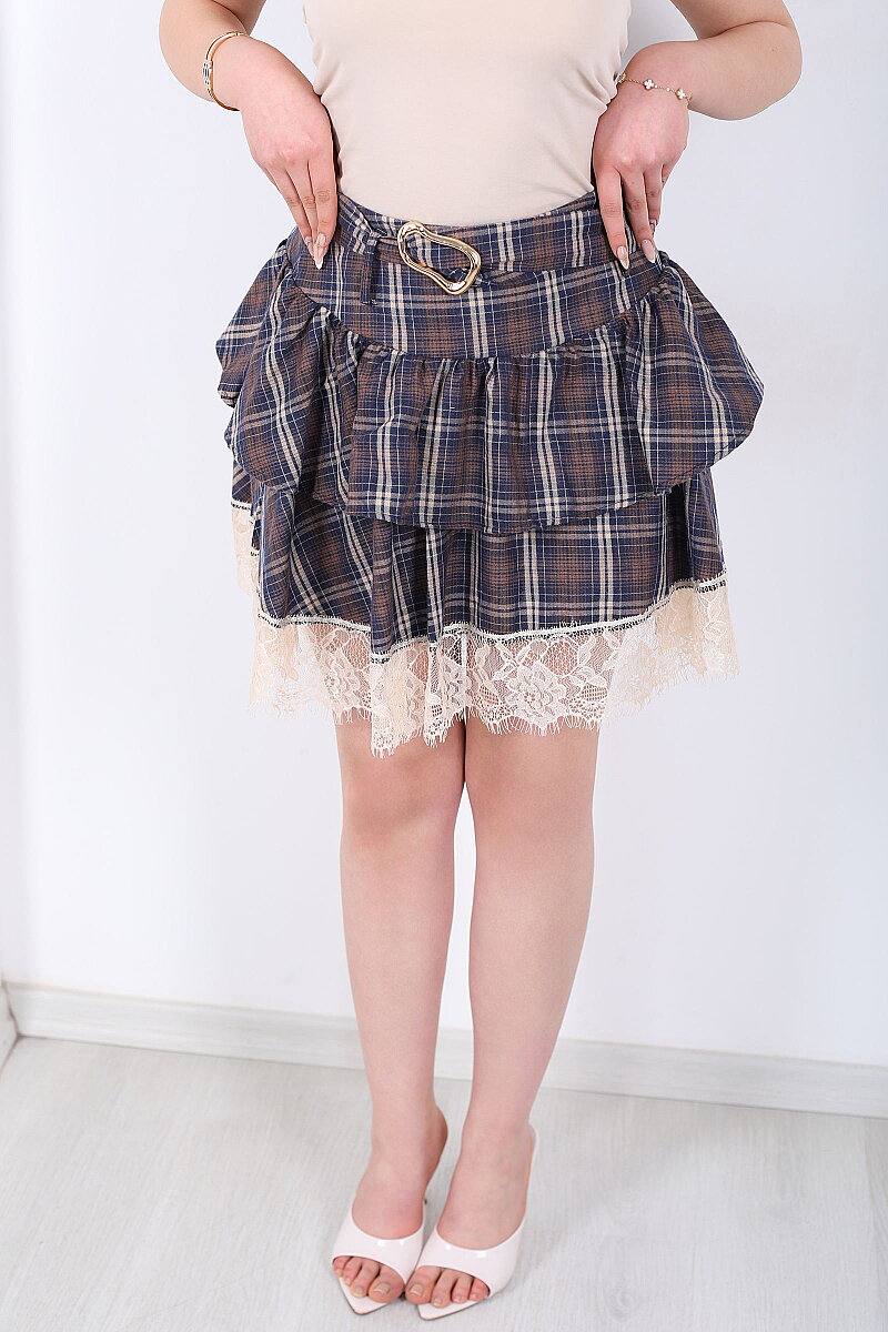 Ekoseli Aksesuar Kemerli Katlı Dantelli Kahverengi Kadın Etek - 2