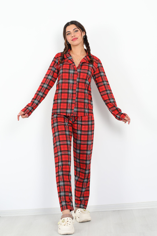 Ekoseli Desenli Kırmızı Beyaz Kadın Pijama Takım - 1