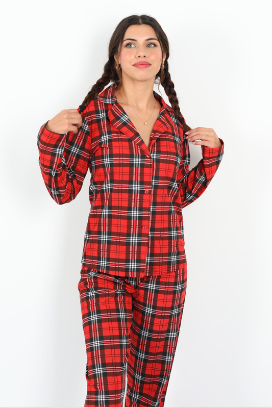 Ekoseli Desenli Kırmızı Beyaz Kadın Pijama Takım - 2
