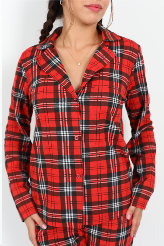 Ekoseli Desenli Kırmızı Beyaz Kadın Pijama Takım - 3
