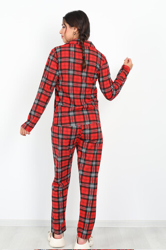 Ekoseli Desenli Kırmızı Beyaz Kadın Pijama Takım - 4