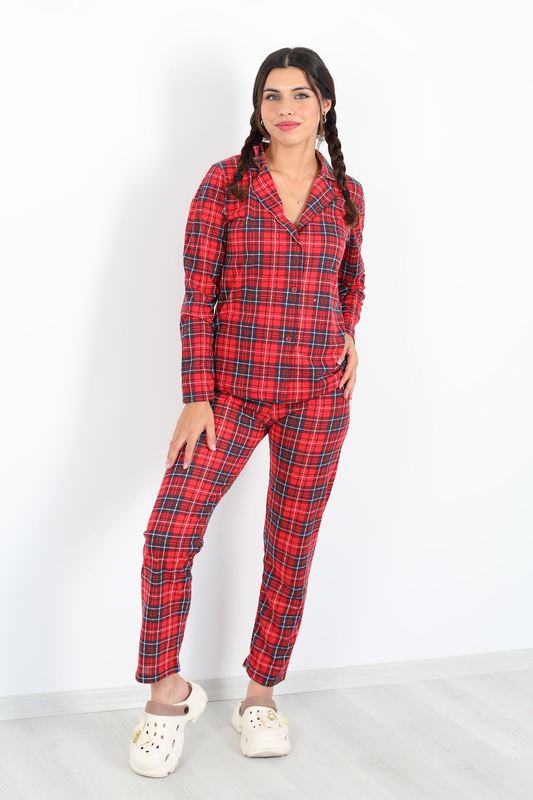 Ekoseli Desenli Kırmızı Lacivert Kadın Pijama Takım - 1