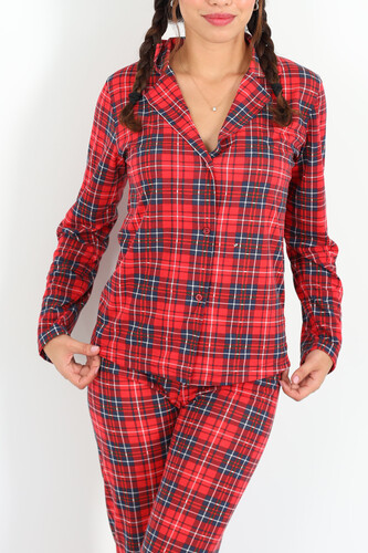 Ekoseli Desenli Kırmızı Lacivert Kadın Pijama Takım - 3