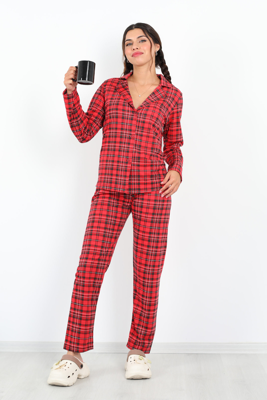 Ekoseli Desenli Kırmızı Siyah Kadın Pijama Takım - 1
