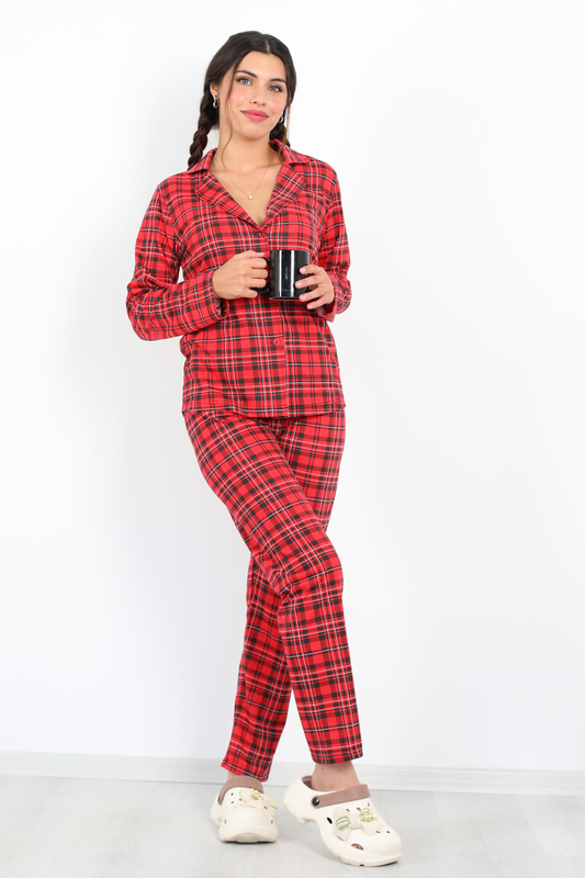 Ekoseli Desenli Kırmızı Siyah Kadın Pijama Takım - 2