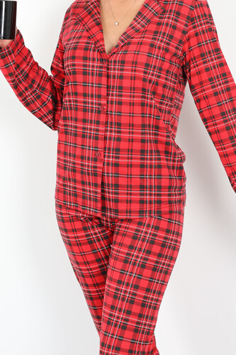 Ekoseli Desenli Kırmızı Siyah Kadın Pijama Takım - 3