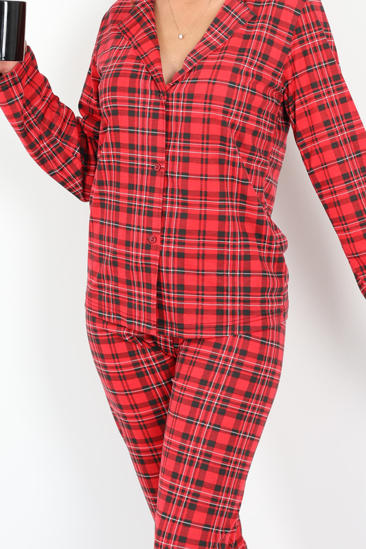 Ekoseli Desenli Kırmızı Siyah Kadın Pijama Takım - 3
