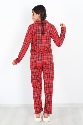 Ekoseli Desenli Kırmızı Siyah Kadın Pijama Takım - 4
