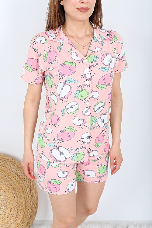 Elma Desenli Düğmeli Pembe Kadın Şortlu Pijama Takımı - Berox (1)