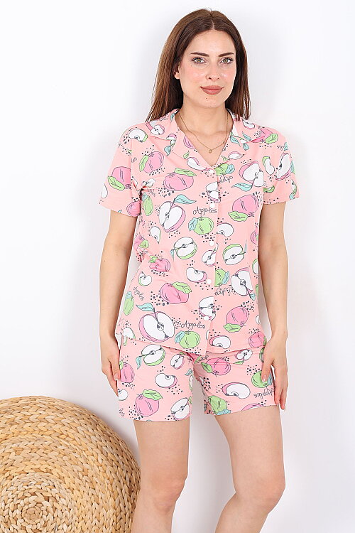 Elma Desenli Düğmeli Pembe Kadın Şortlu Pijama Takımı - 4