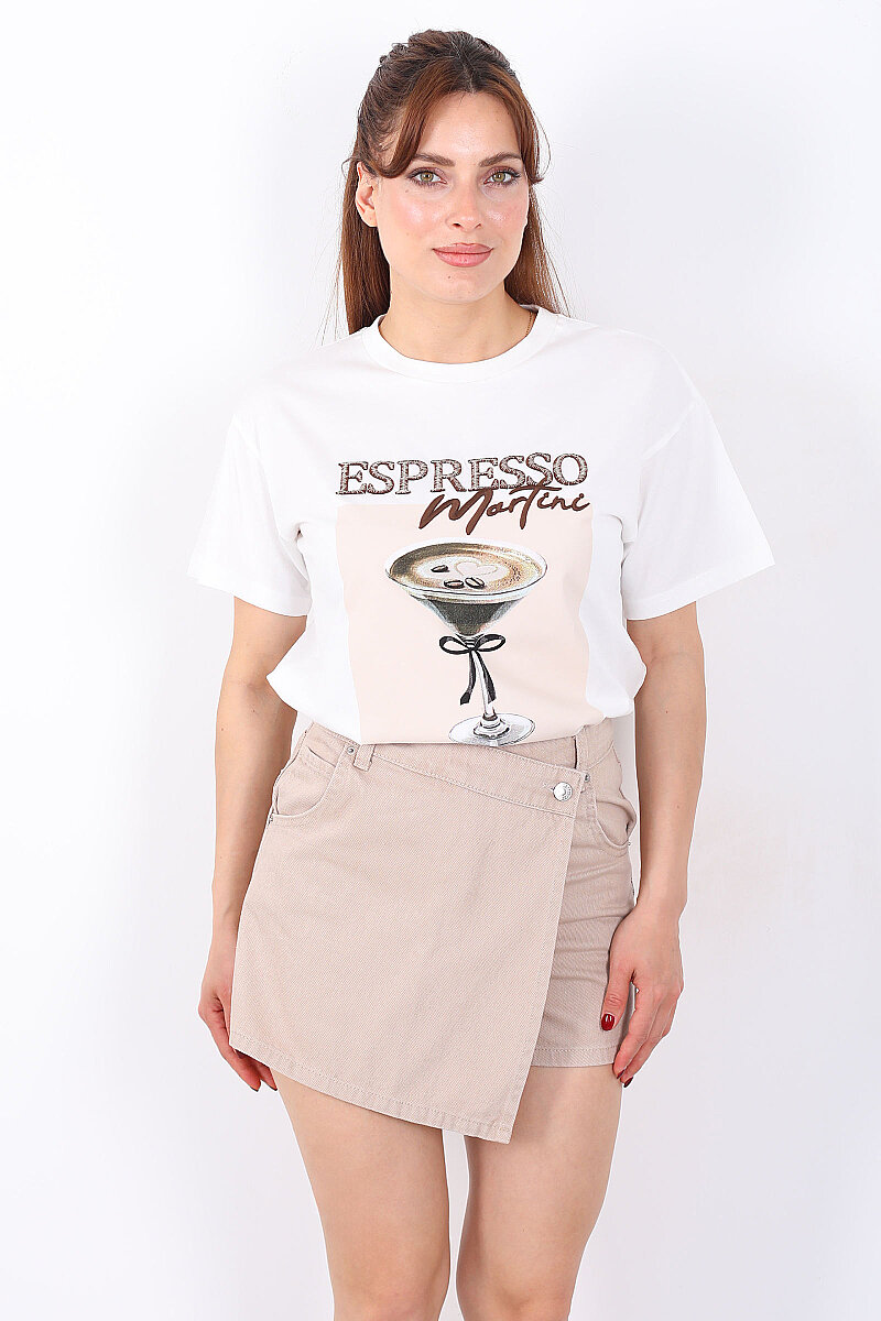 Espresso Kabarcık Baskılı Kadın Ekru T-Shirt - 1