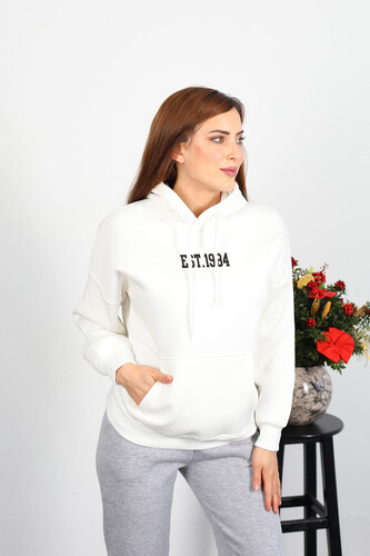 Est 1984 Yazı Nakışlı Kadın Beyaz Kapüşonlu Şardonlu Sweat - 3