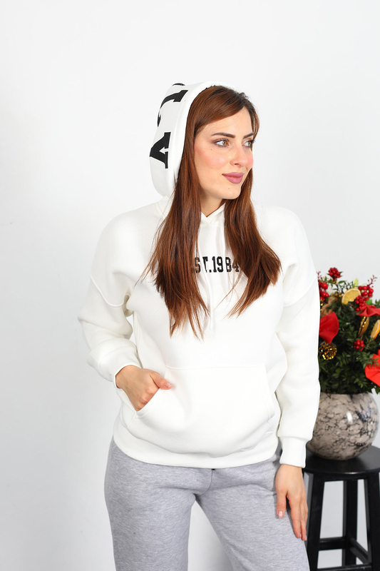 Est 1984 Yazı Nakışlı Kadın Beyaz Kapüşonlu Şardonlu Sweat - 2