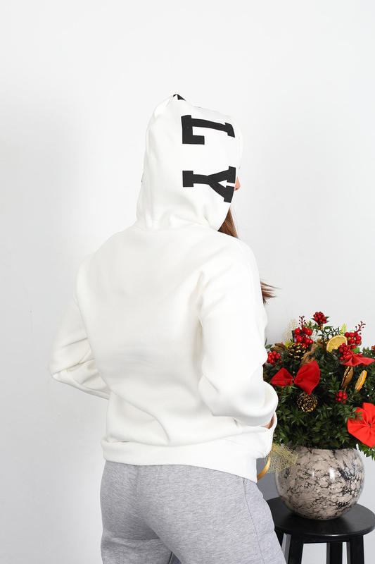 Est 1984 Yazı Nakışlı Kadın Beyaz Kapüşonlu Şardonlu Sweat - 4