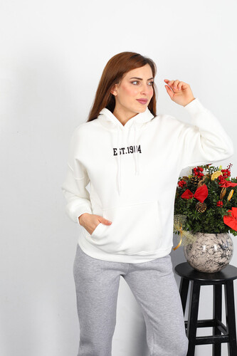 Est 1984 Yazı Nakışlı Kadın Beyaz Kapüşonlu Şardonlu Sweat - Berox