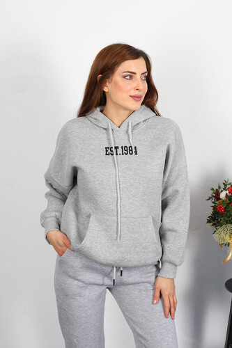 Est 1984 Yazı Nakışlı Kadın Gri Kapüşonlu Şardonlu Sweat - Berox (1)