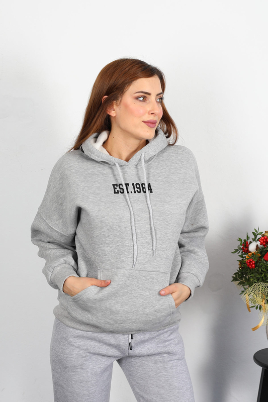 Est 1984 Yazı Nakışlı Kadın Gri Kapüşonlu Şardonlu Sweat - 1