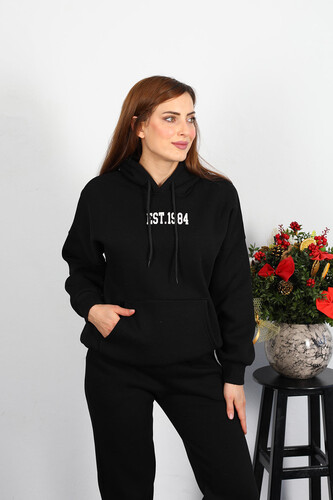 Est 1984 Yazı Nakışlı Kadın Siyah Kapüşonlu Şardonlu Sweat - 4