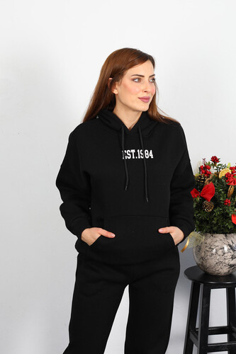 Est 1984 Yazı Nakışlı Kadın Siyah Kapüşonlu Şardonlu Sweat - 3