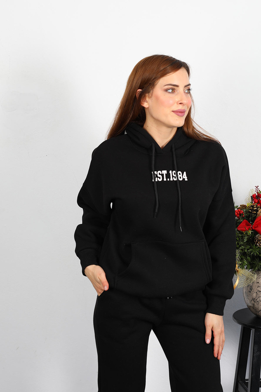 Est 1984 Yazı Nakışlı Kadın Siyah Kapüşonlu Şardonlu Sweat - 1