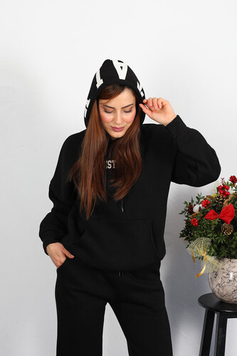 Est 1984 Yazı Nakışlı Kadın Siyah Kapüşonlu Şardonlu Sweat - Berox (1)