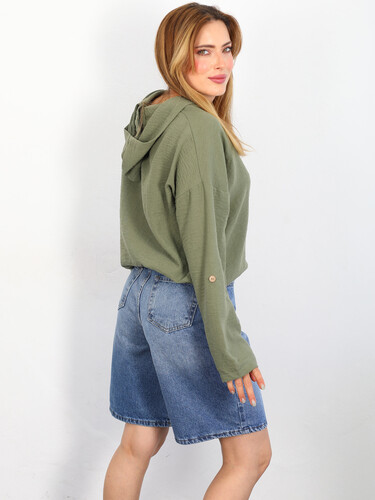 Eteği Büzgülü Kapüşonlu Haki Kadın Keten Ceket Gömlek - 3