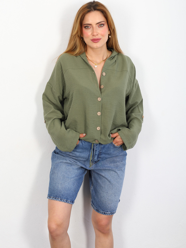 Eteği Büzgülü Kapüşonlu Haki Kadın Keten Ceket Gömlek - 1