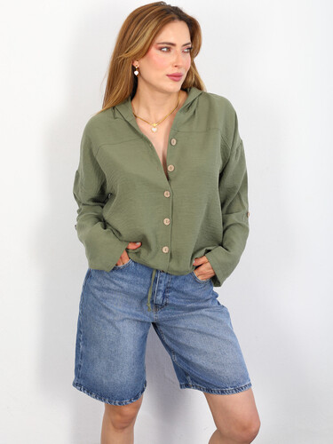 Eteği Büzgülü Kapüşonlu Haki Kadın Keten Ceket Gömlek - Berox (1)