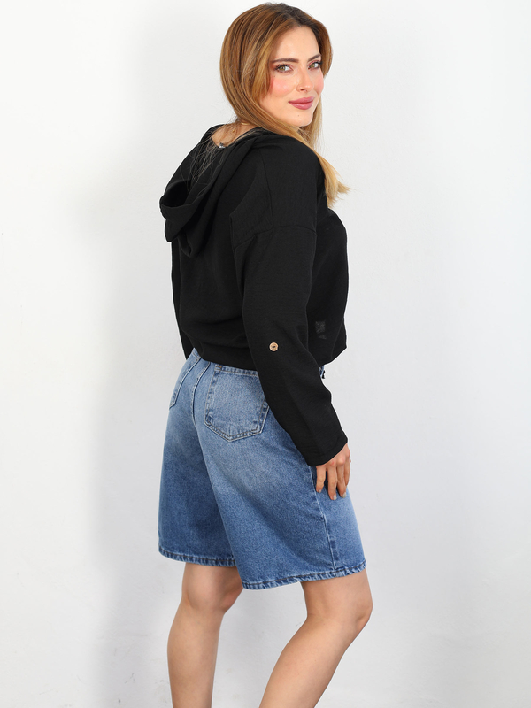 Eteği Büzgülü Kapüşonlu Siyah Kadın Keten Ceket Gömlek - 3