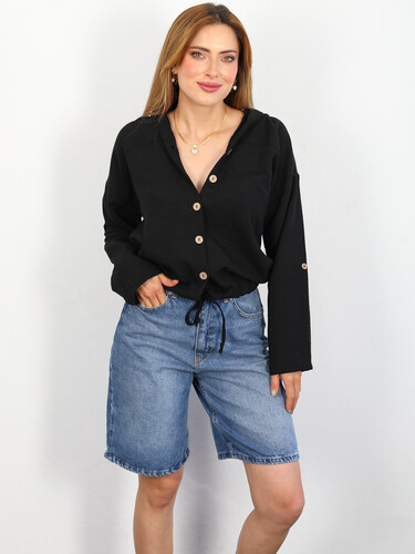 Eteği Büzgülü Kapüşonlu Siyah Kadın Keten Ceket Gömlek - Berox (1)