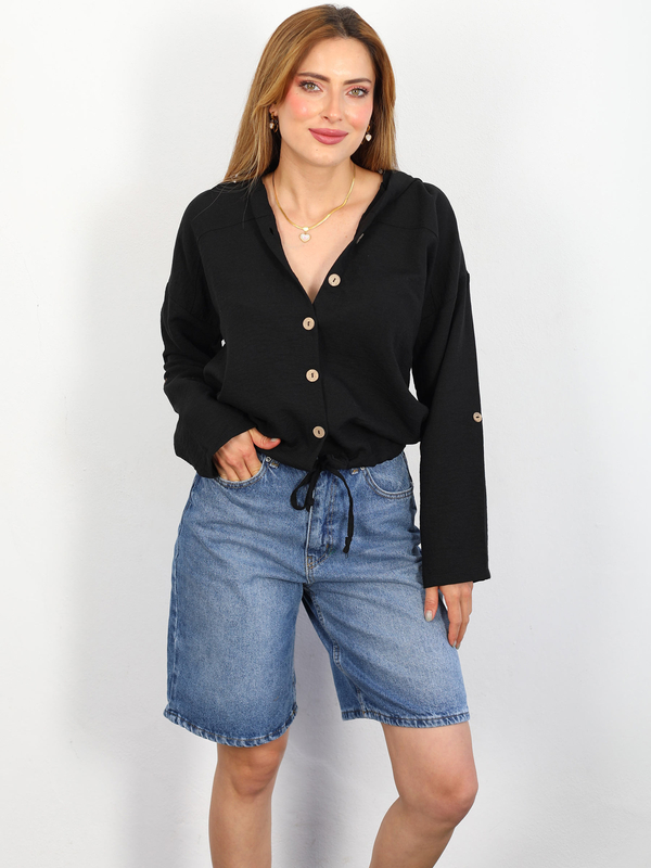 Eteği Büzgülü Kapüşonlu Siyah Kadın Keten Ceket Gömlek - 2