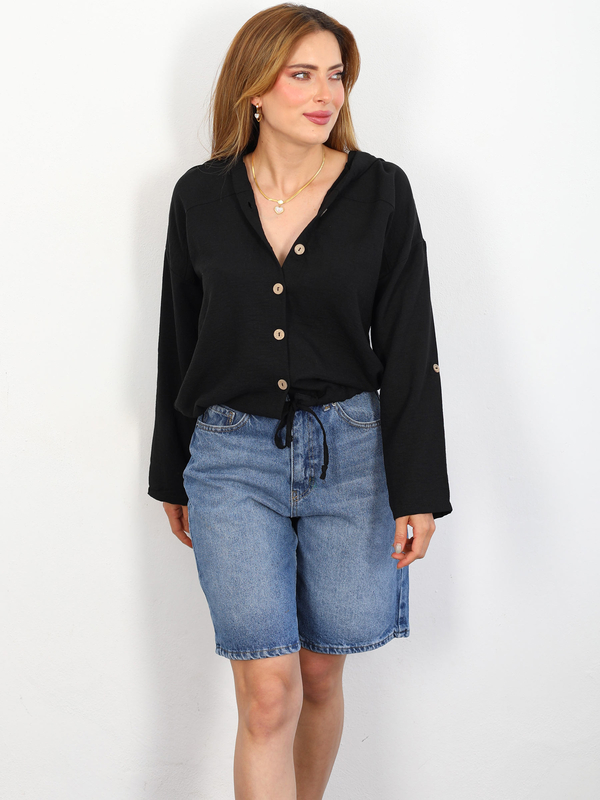 Eteği Büzgülü Kapüşonlu Siyah Kadın Keten Ceket Gömlek - 1