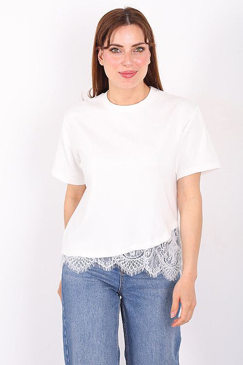Eteği Çapraz Dantelli Ekru Kadın Kısa Kol T-Shirt - Berox