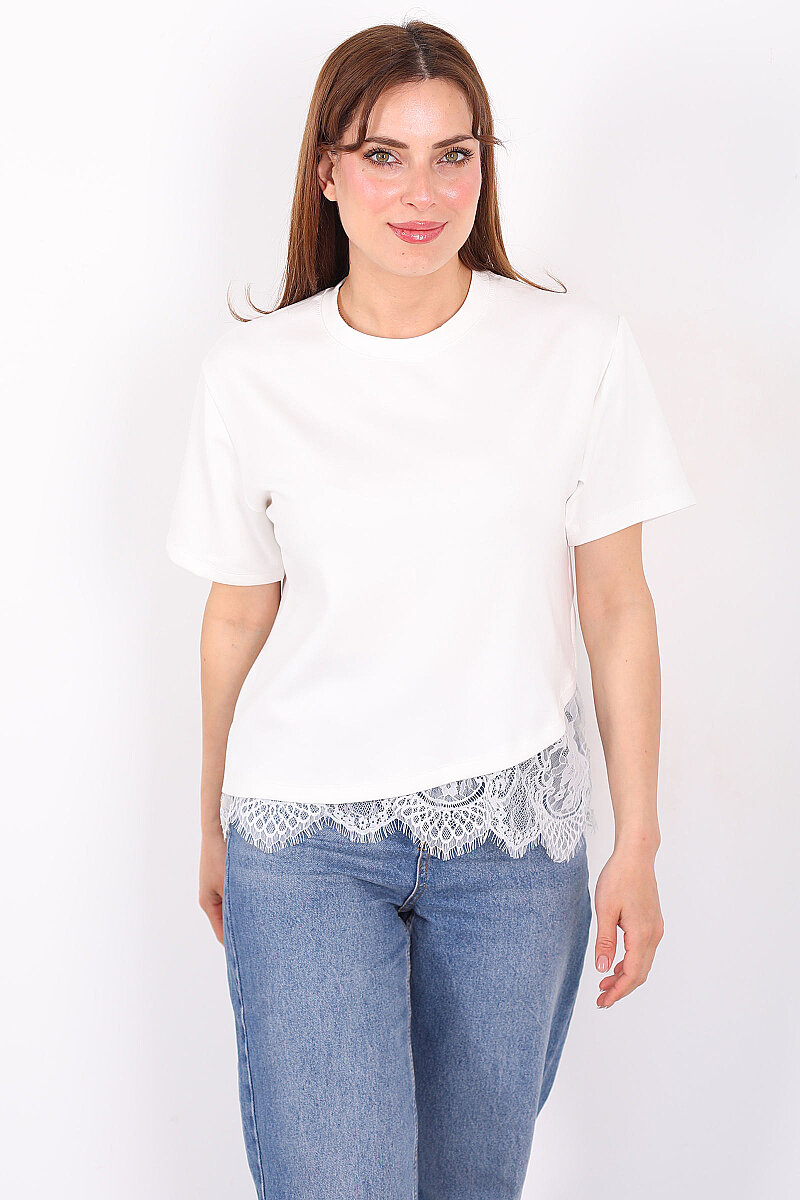 Eteği Çapraz Dantelli Ekru Kadın Kısa Kol T-Shirt - 4