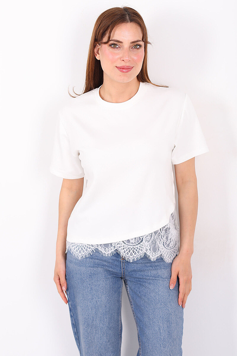 Eteği Çapraz Dantelli Ekru Kadın Kısa Kol T-Shirt - 6