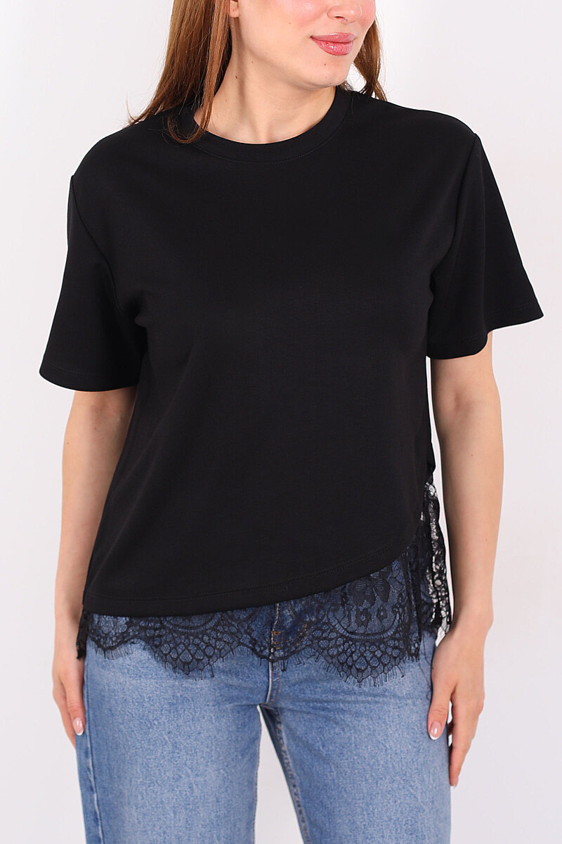 Eteği Çapraz Dantelli Siyah Kadın Kısa Kol T-Shirt - 2