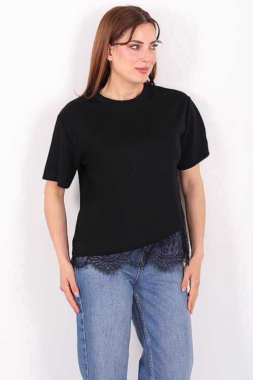Eteği Çapraz Dantelli Siyah Kadın Kısa Kol T-Shirt - 3
